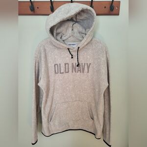 Old Navy Men Medium Logo Fleece Hoodie Sweatshirt Embroidered‎ Gray Cream Pocket